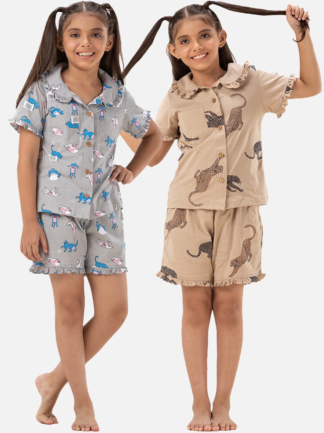 

Growing Tree Girls Pack Of 2 Conversational Printed Pure Cotton Night Suit, Brown