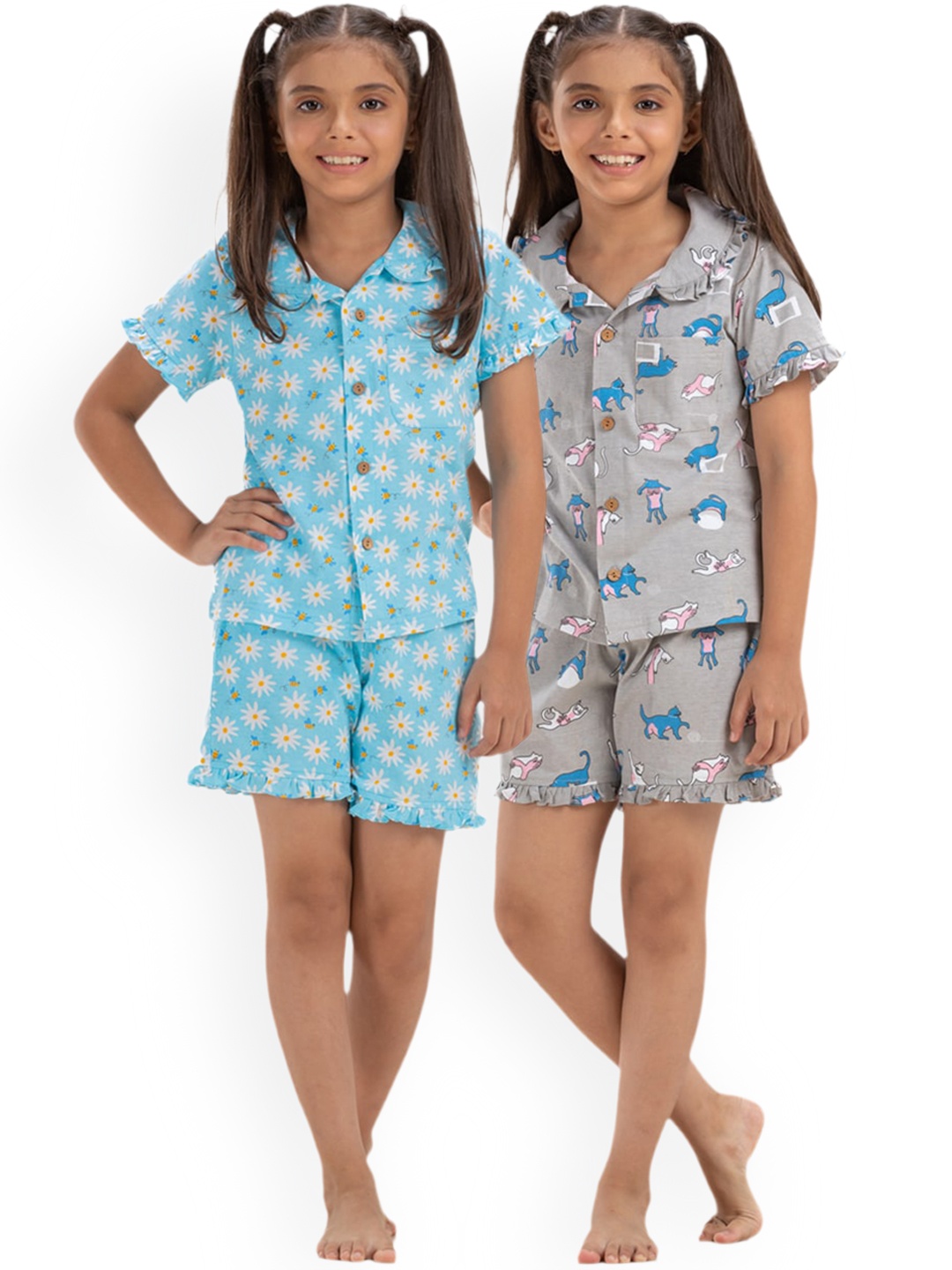 

Growing Tree Girls Pack Of 2 Floral Printed Pure Cotton Night Suit, Blue