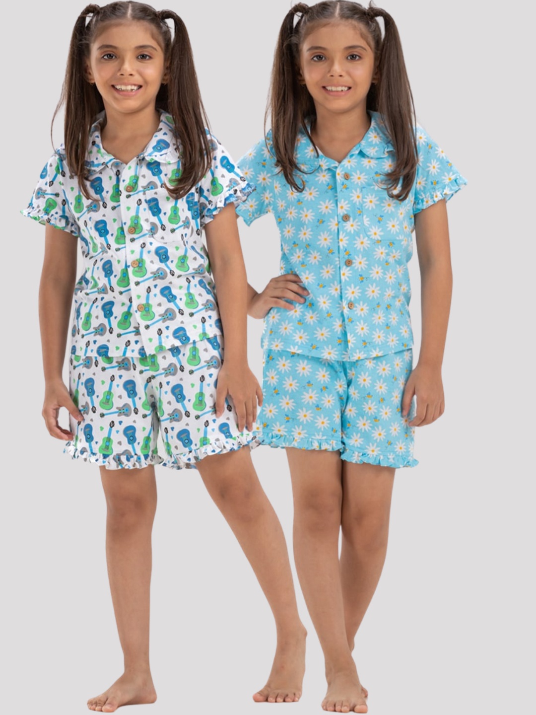 

Growing Tree Girls Pack Of 2 Conversational Printed Pure Cotton Night Suit, Blue