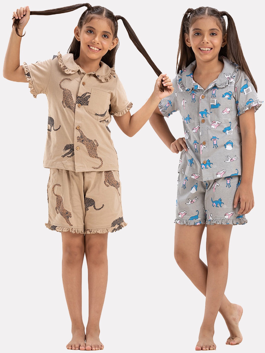 

Growing Tree Girls Pack Of 2 Conversational Printed Pure Cotton Night Suit, Beige