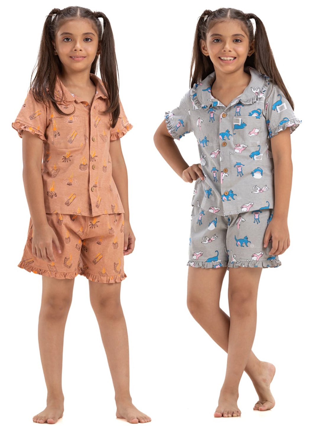 

Growing Tree Girls Pack Of 2 Conversational Printed Pure Cotton Night Suit, Brown