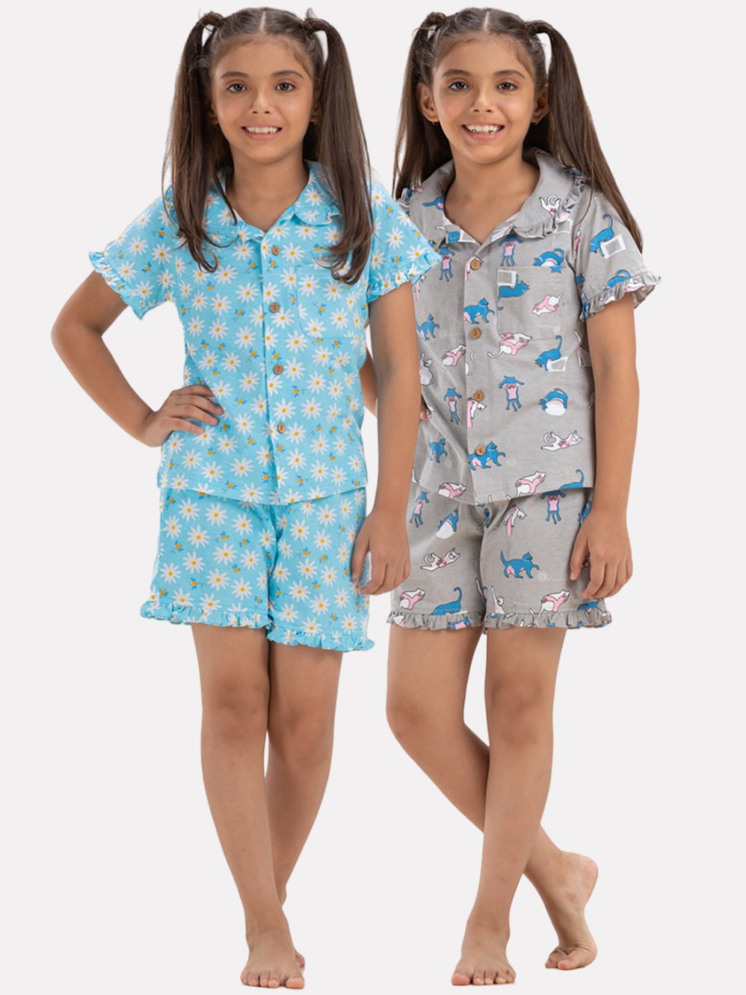

Growing Tree Girls Pack Of 2 Floral Printed Pure Cotton Night Suit, Blue