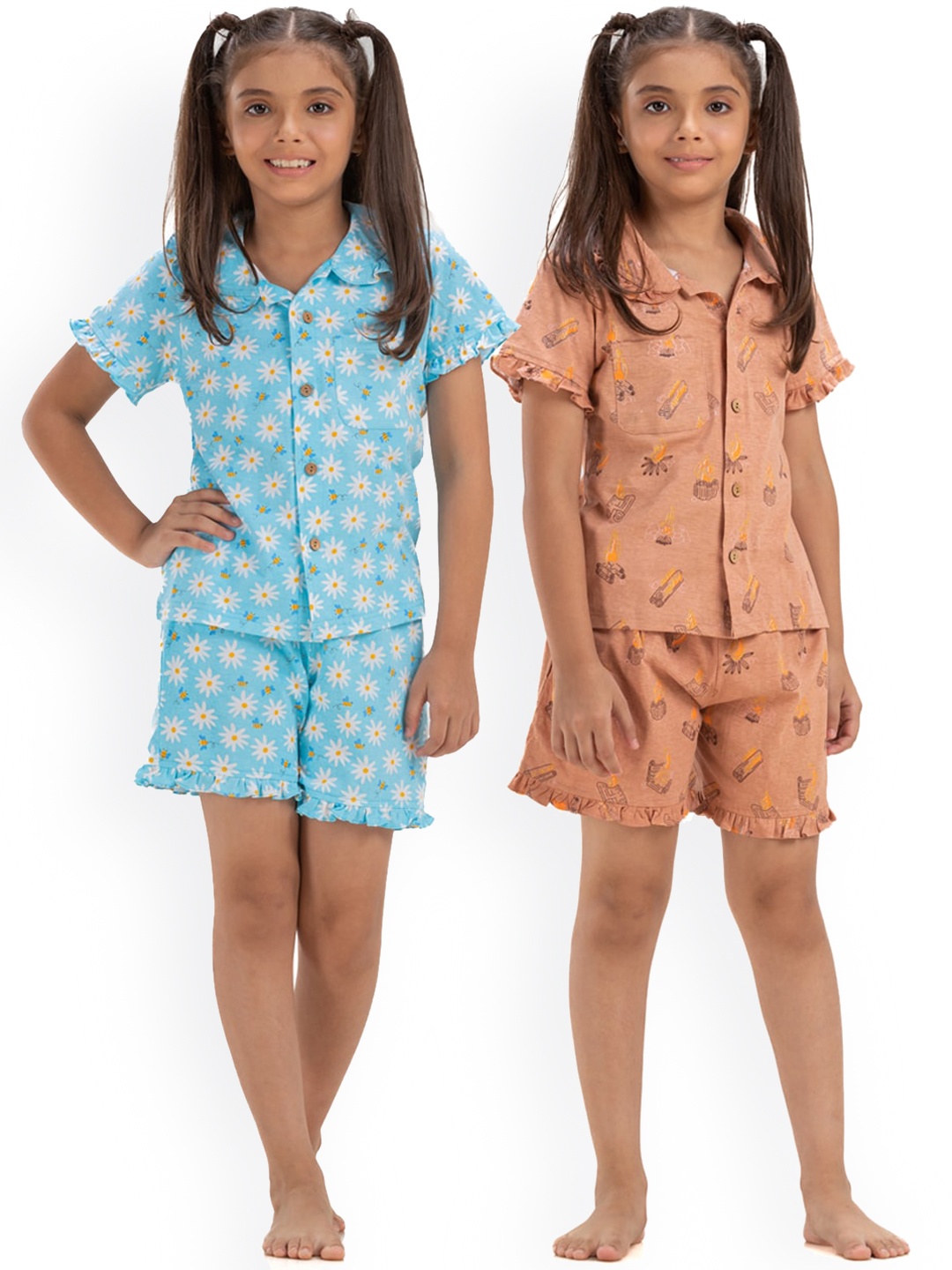 

Growing Tree Girls Pack Of 2 Floral Printed Pure Cotton Night Suit, Blue