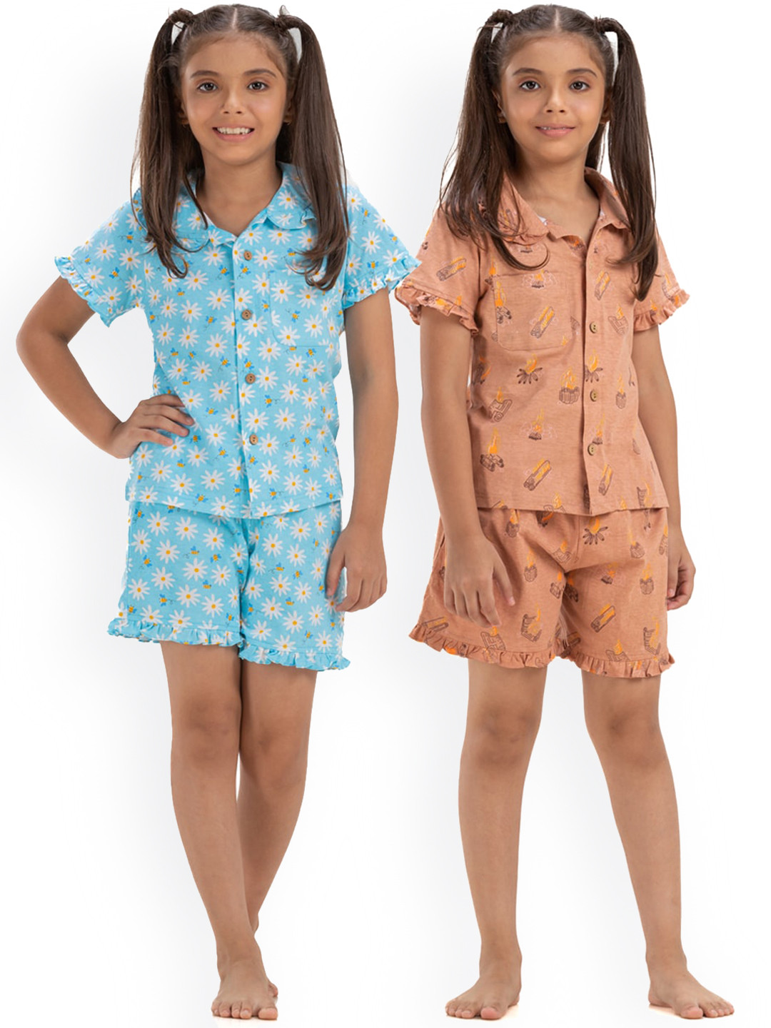 

Growing Tree Girls Pack Of 2 Floral Printed Pure Cotton Night Suit, Brown