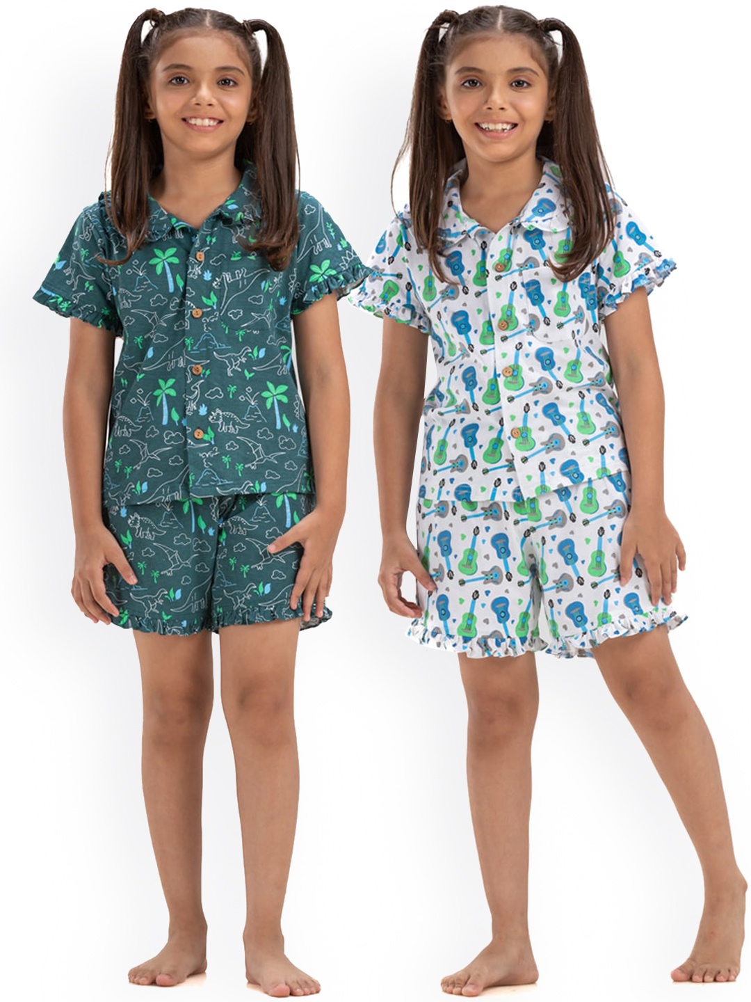 

Growing Tree Girls Pack Of 2 Conversational Printed Pure Cotton Night Suit, Green