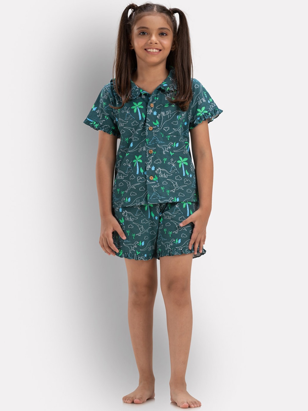 

Growing Tree Girls Conversational Printed Pure Cotton Night Suit, Green