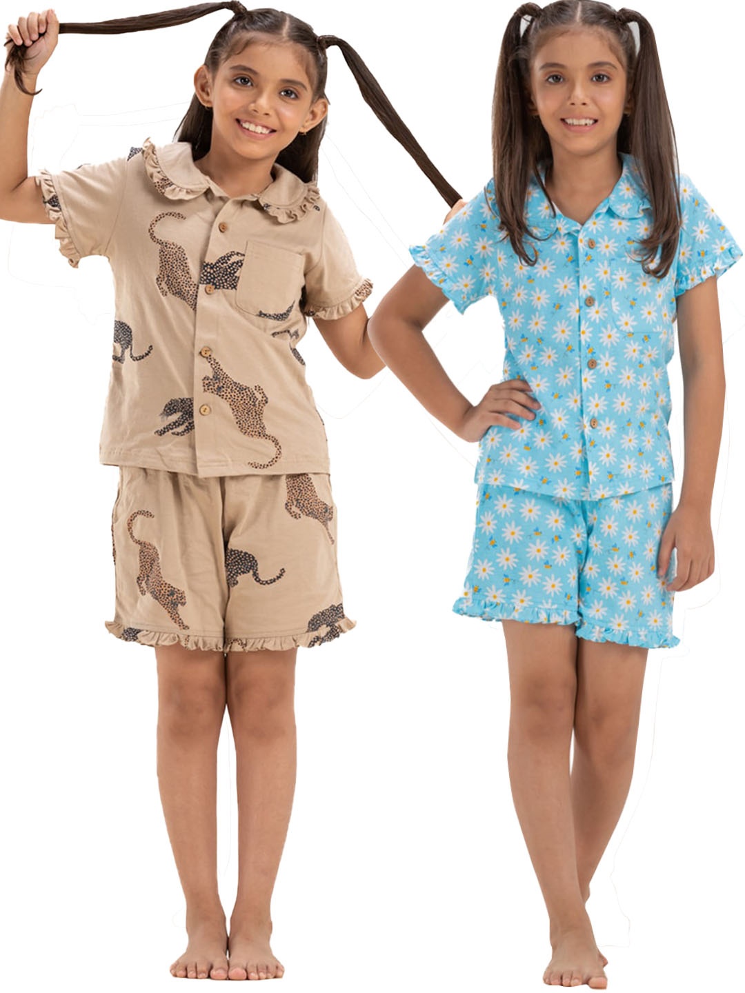 

Growing Tree Girls Pack Of 2 Floral Printed Pure Cotton Night Suit, Beige