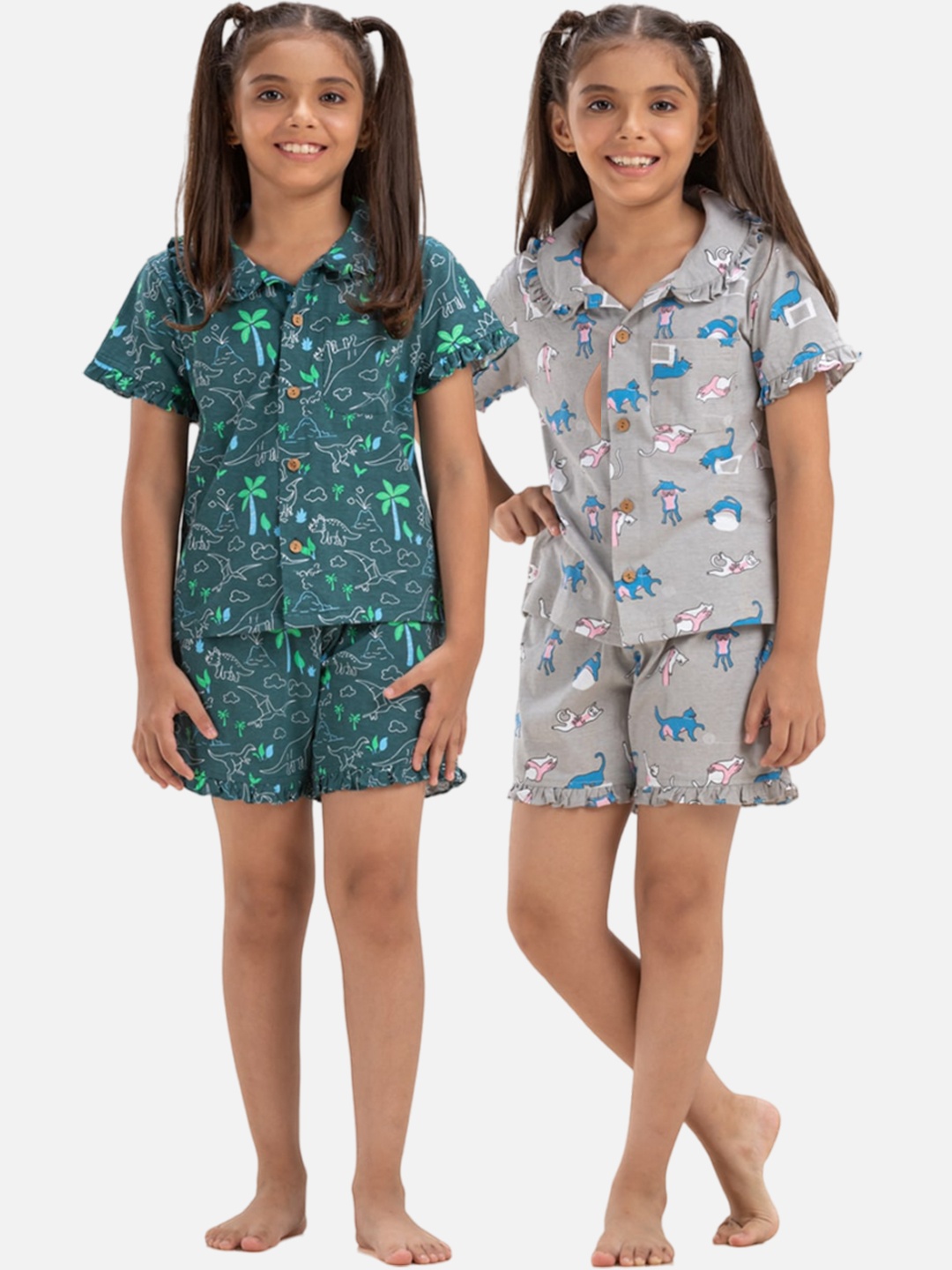 

Growing Tree Girls Pack Of 2 Conversational Printed Pure Cotton Night Suit, Green