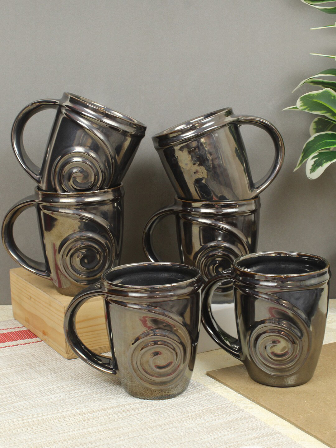 

TIED RIBBONS Black 6 Pieces Textured Ceramic Matte Coffee Mugs 300 ml Each