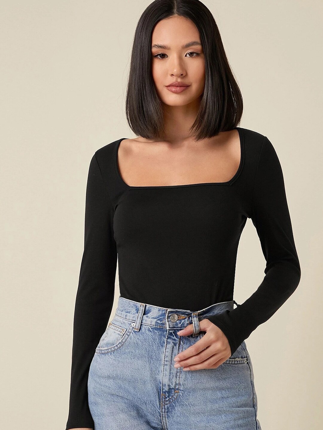 

KALINI Square Neck Long Sleeves Cotton Regular Top, Black