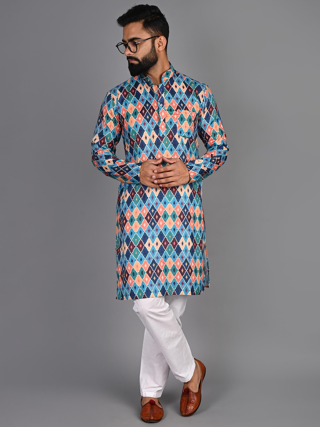 

FUBAR Ethnic Motif Printed Mandarin Collar Pure Cotton Kurta With Pyjamas, Turquoise blue