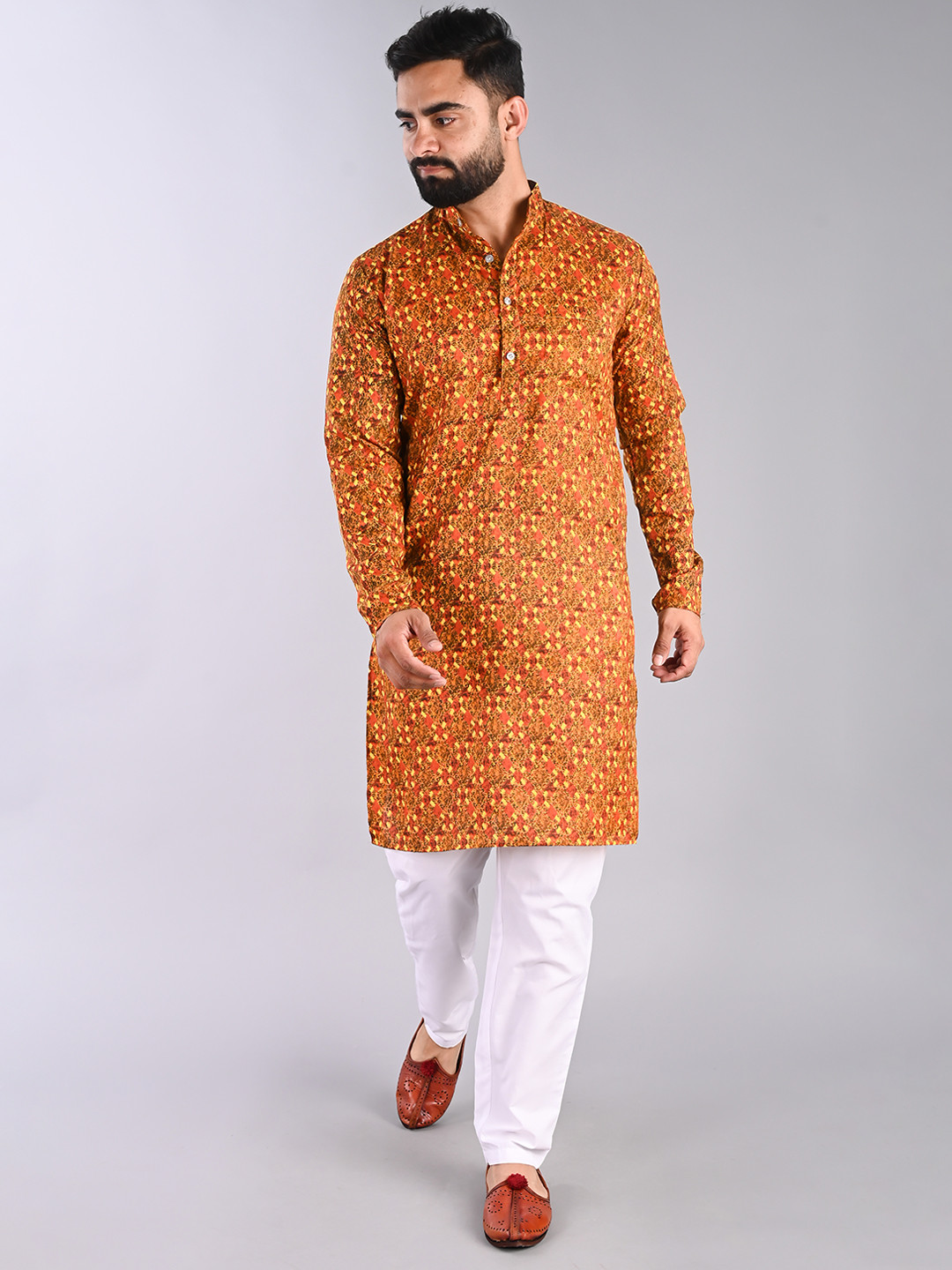 

FUBAR Ethnic Motif Printed Mandarin Collar Pure Cotton Kurta With Pyjamas, Yellow
