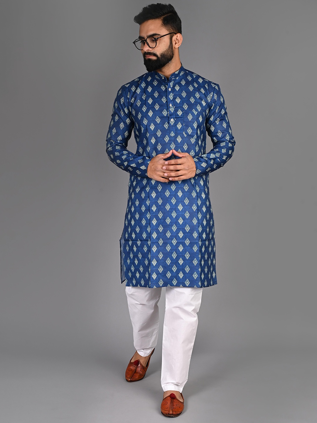 

FUBAR Geometric Printed Pure Cotton Kurta With Pyjamas, Blue