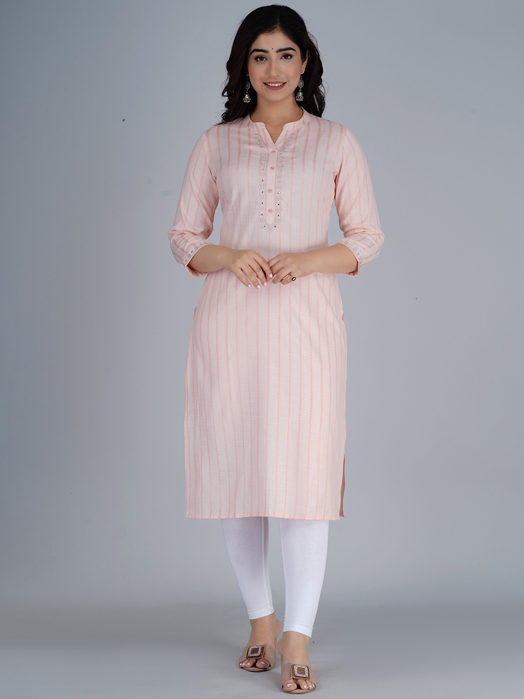 

NITVAN Striped Mandarin Collar Cotton Straight Kurta, Pink