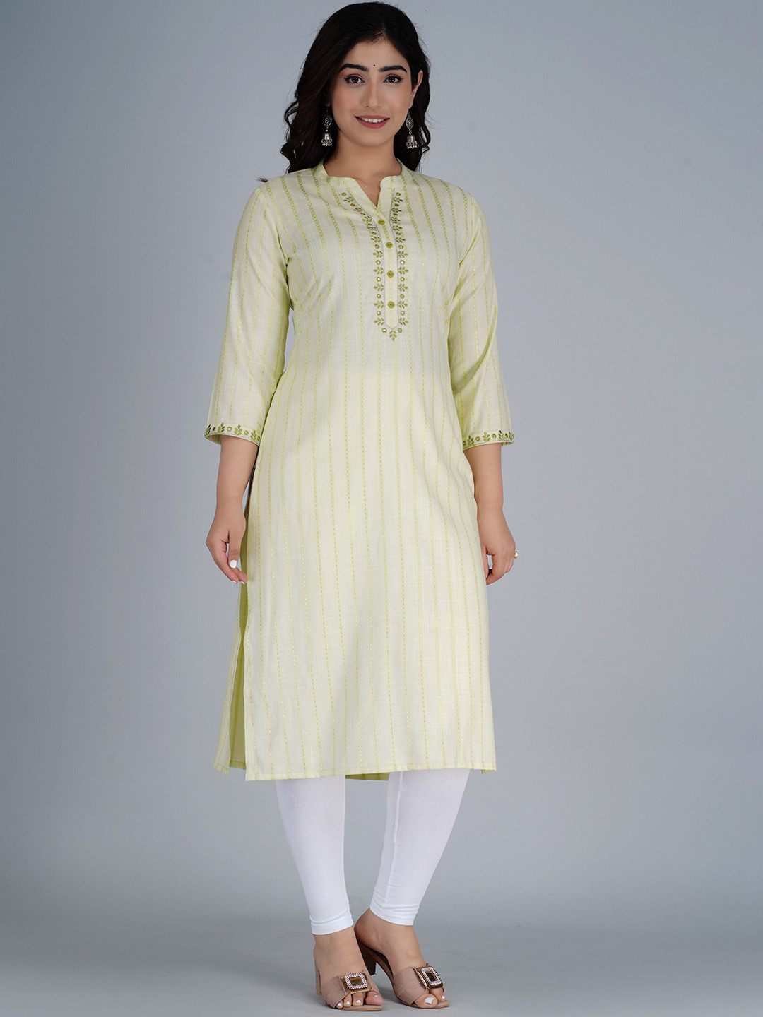 

NITVAN Stripes Embroidered Mandarin Collar Thread Work Cotton Kurta, Green