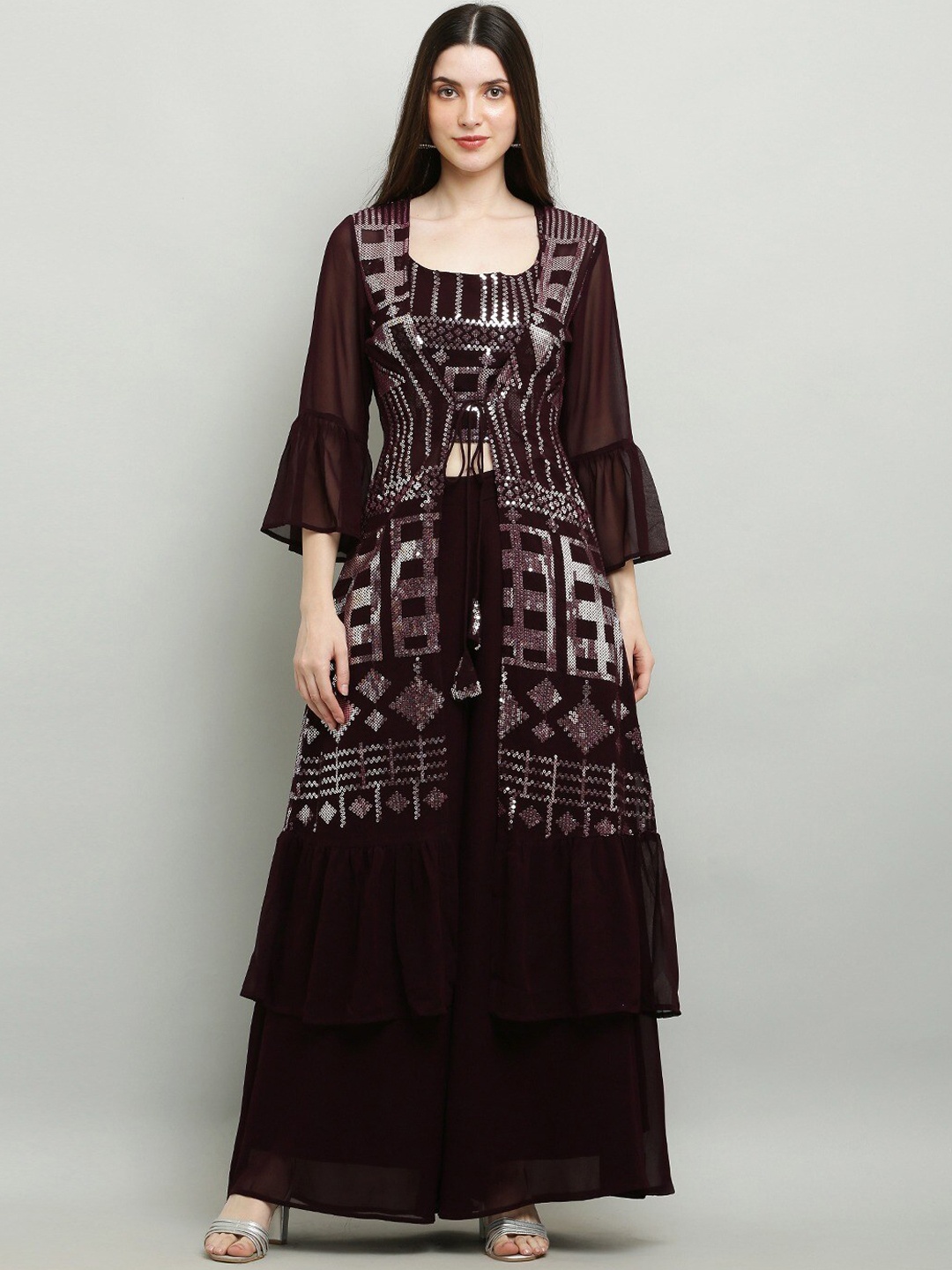 

Ashnaina Women's Kurta and Sharara with Crop top, Burgundy
