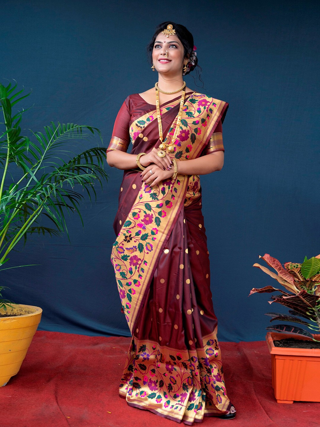 

AVANTIKA FASHION Ethnic Motif Pure Silk Paithani Zari Saree With Blouse Piece, Maroon