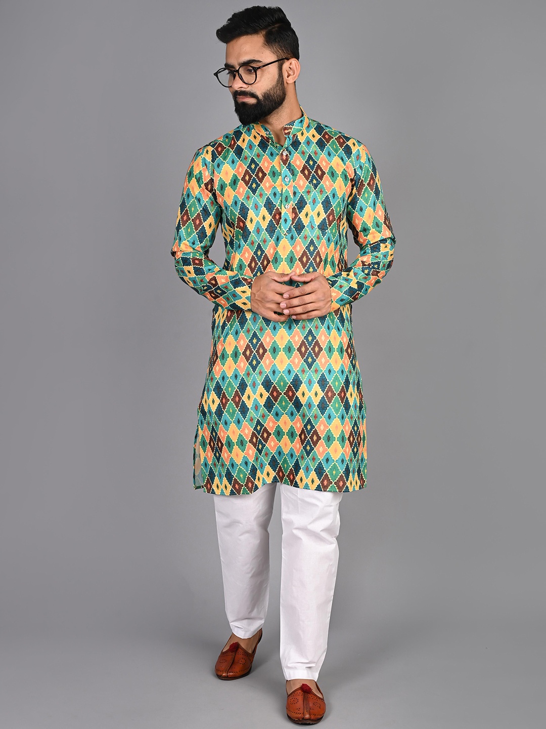 

FUBAR Ethnic Motifs Printed Pure Cotton Kurta with Pyjamas, Green