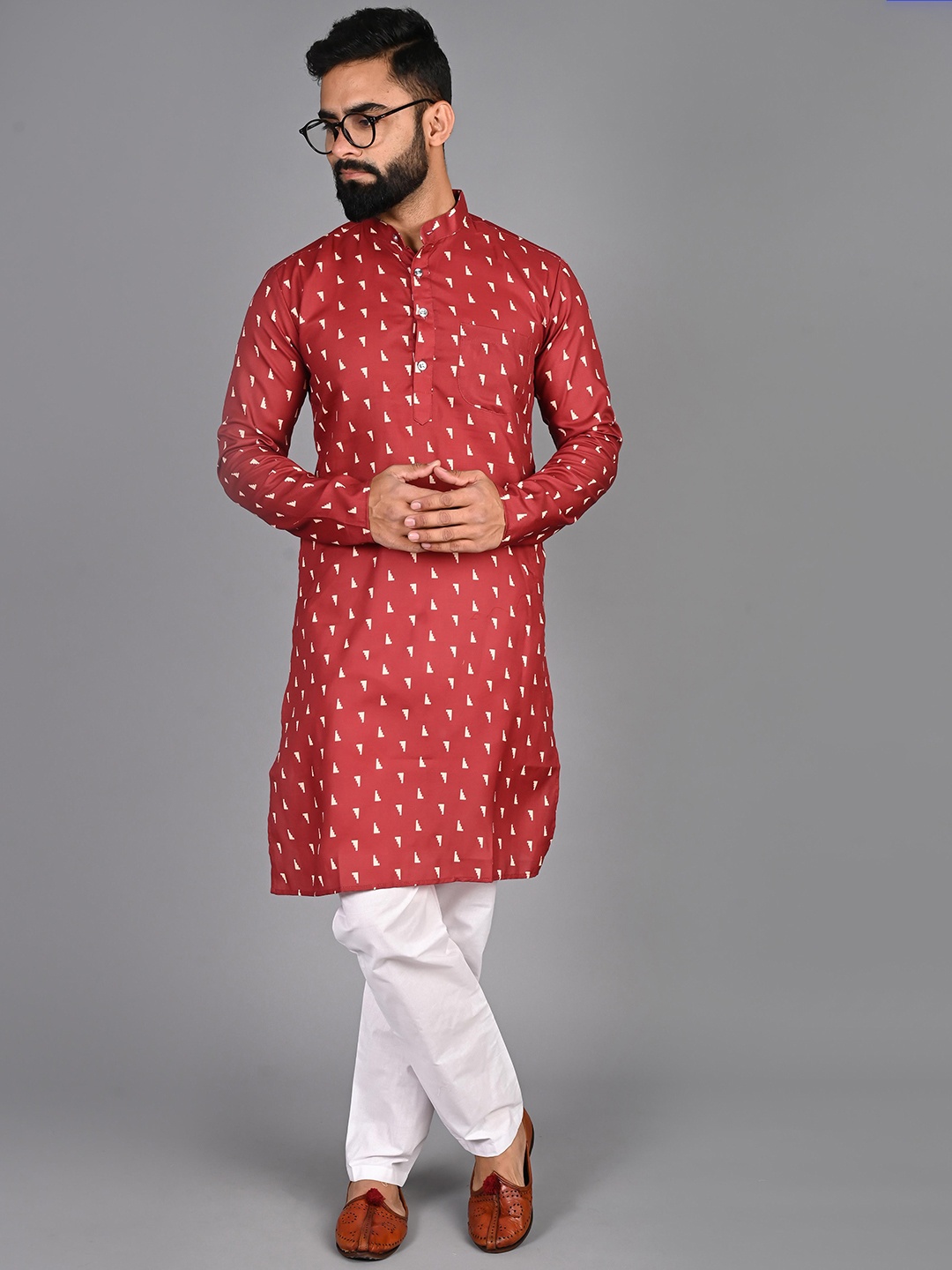 

FUBAR Geometric Printed Mandarin Collar Regular Pure Cotton Kurta with Pyjamas, Red