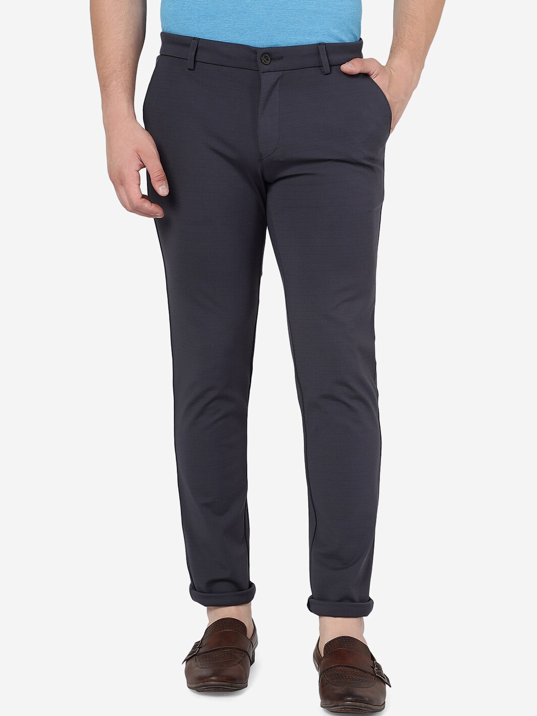 

JADE BLUE Men Striped Mid-Rise Tailored Slim Fit Chinos, Grey