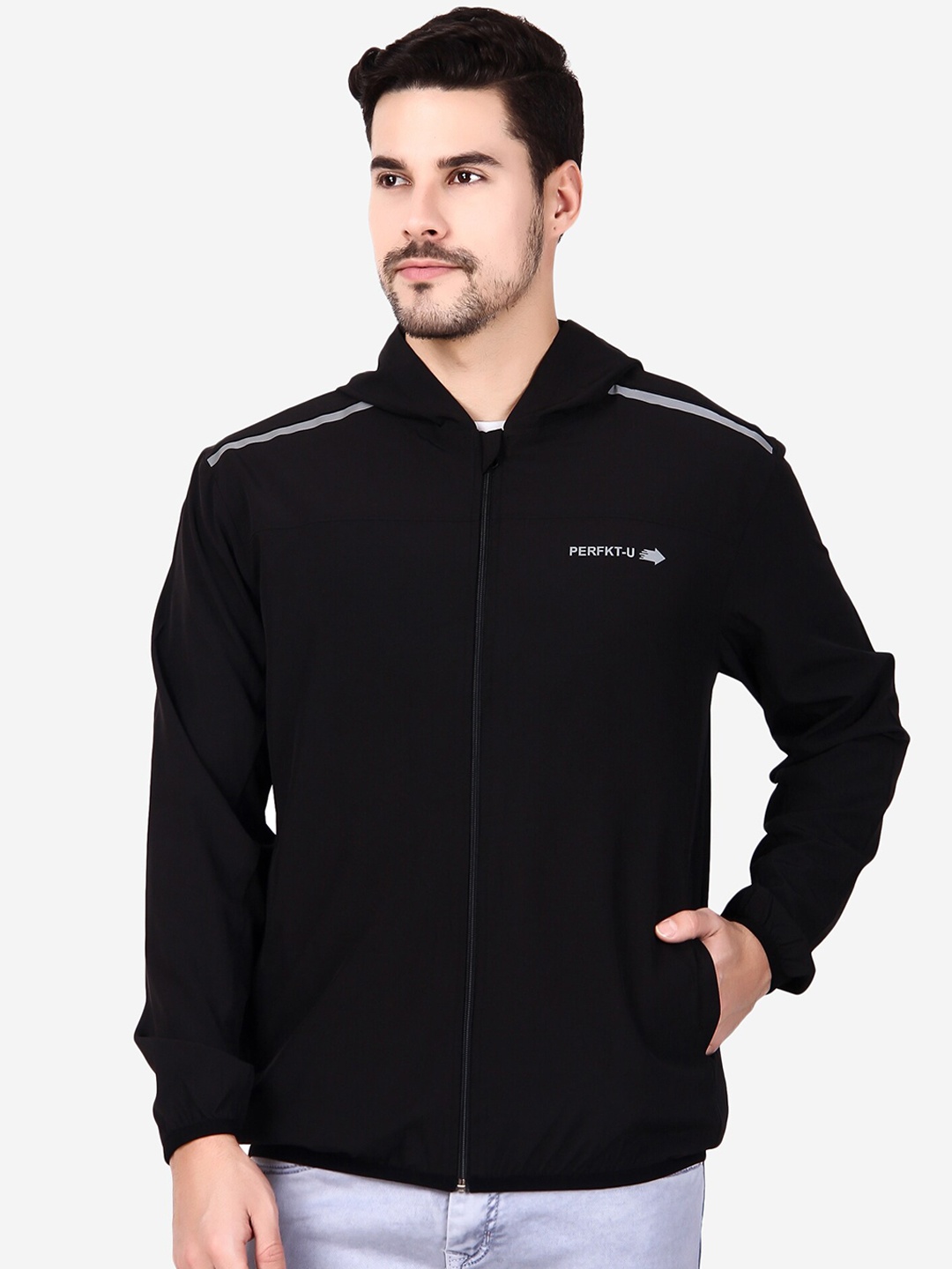 

PERFKT-U Hooded Windcheater and Water Resistant Hydra-Cool Rapid-Dry Sporty Jacket, Black