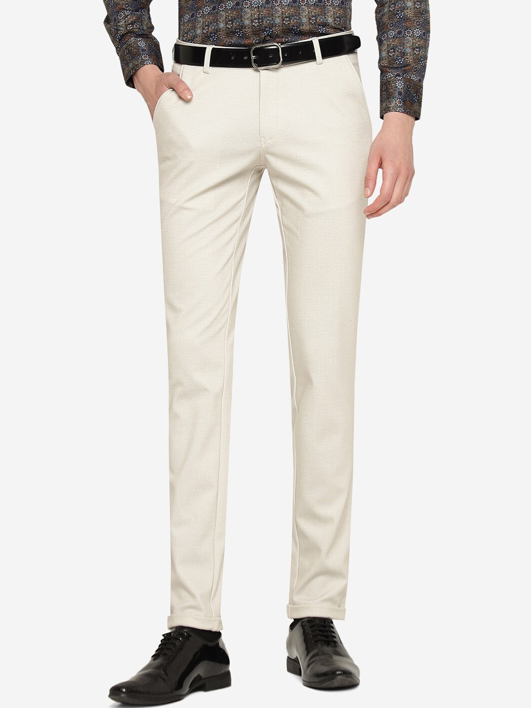 

JB STUDIO Men Tailored Slim Fit Cotton Formal Trousers, Cream