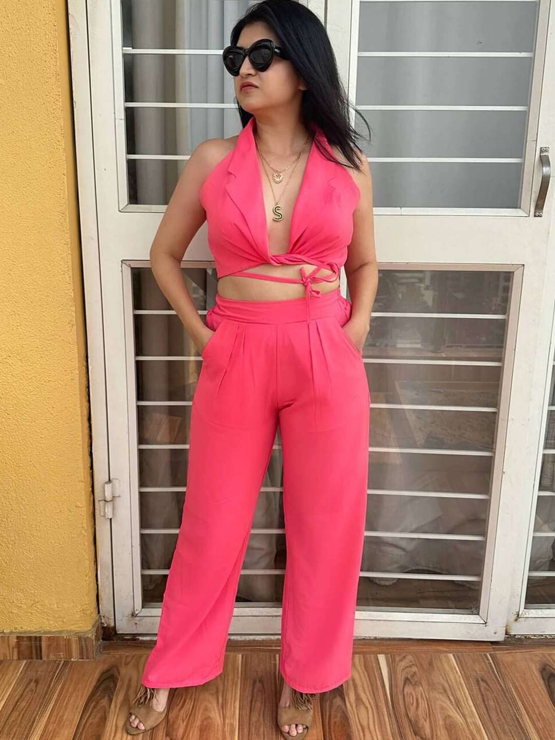 

FancyPants Women V-Neck Sleeveless Top and Palazzos, Pink