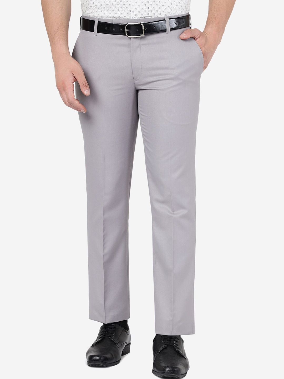 

METAL Men Tailored Mid Rise Slim Fit Formal Trousers, Grey