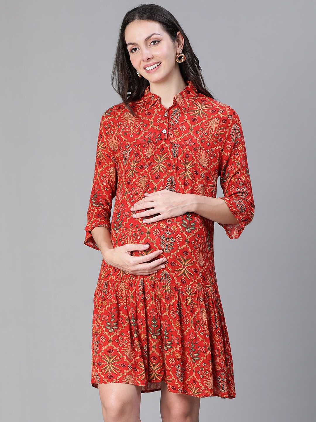 

Oxolloxo Floral Printed Maternity Shirt Dress, Red