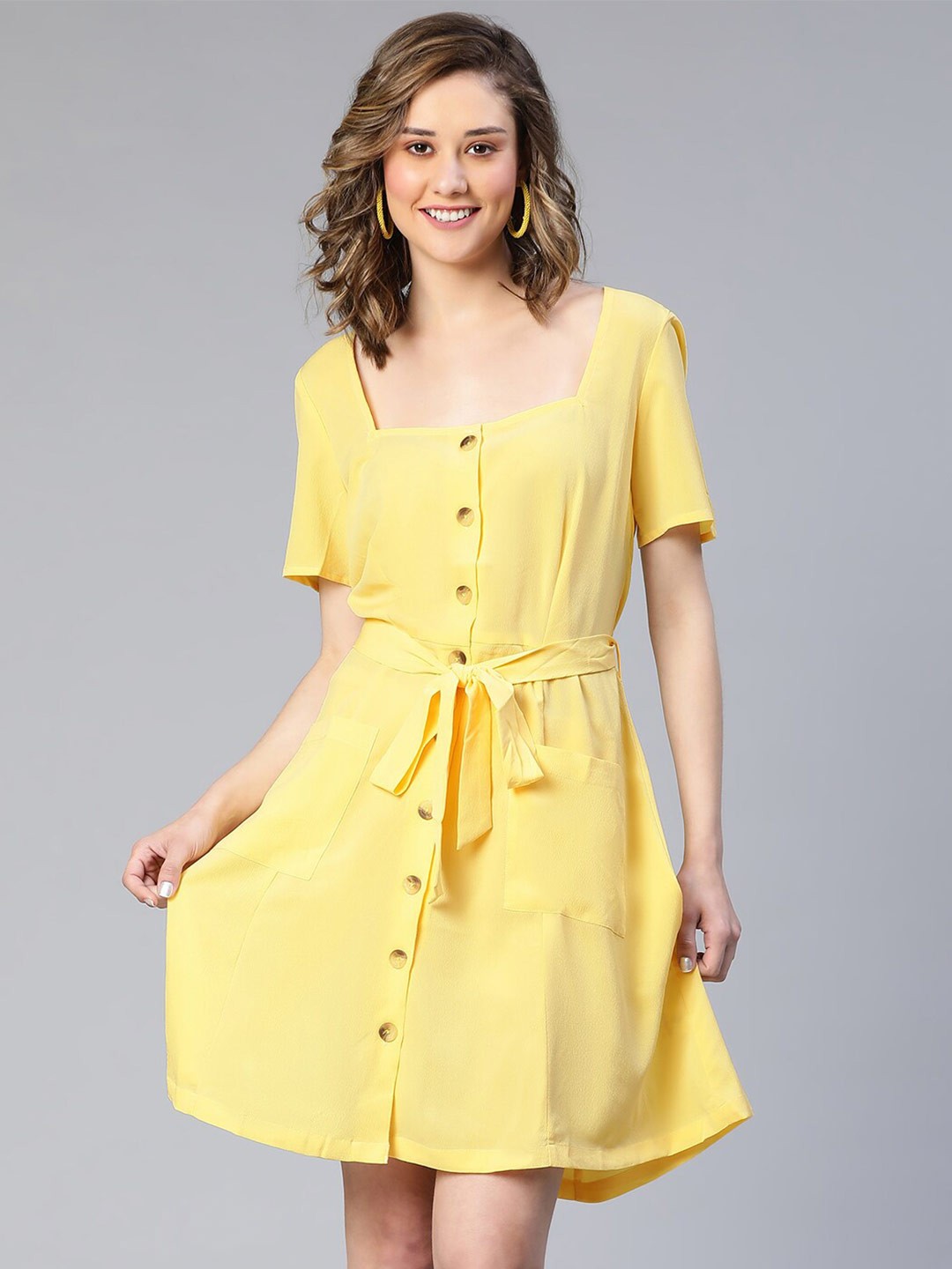 

Oxolloxo Square Neck Tie-Up Detail A-Line Dress with Pockets, Yellow