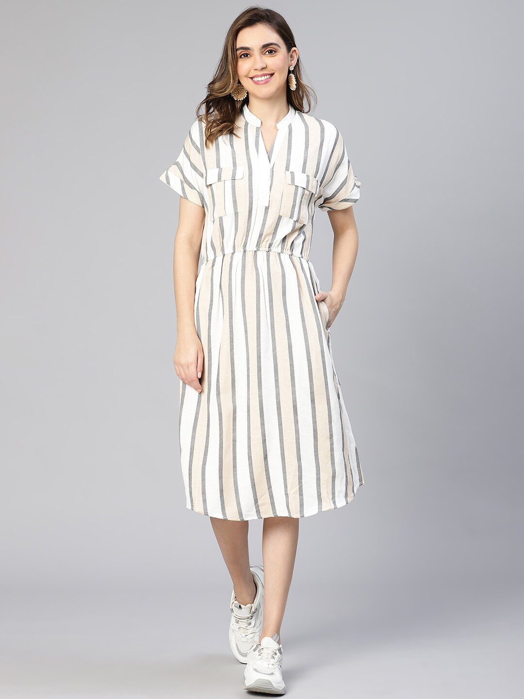 

Oxolloxo Striped Midi Shirt Dress with Pocket Detailing, White