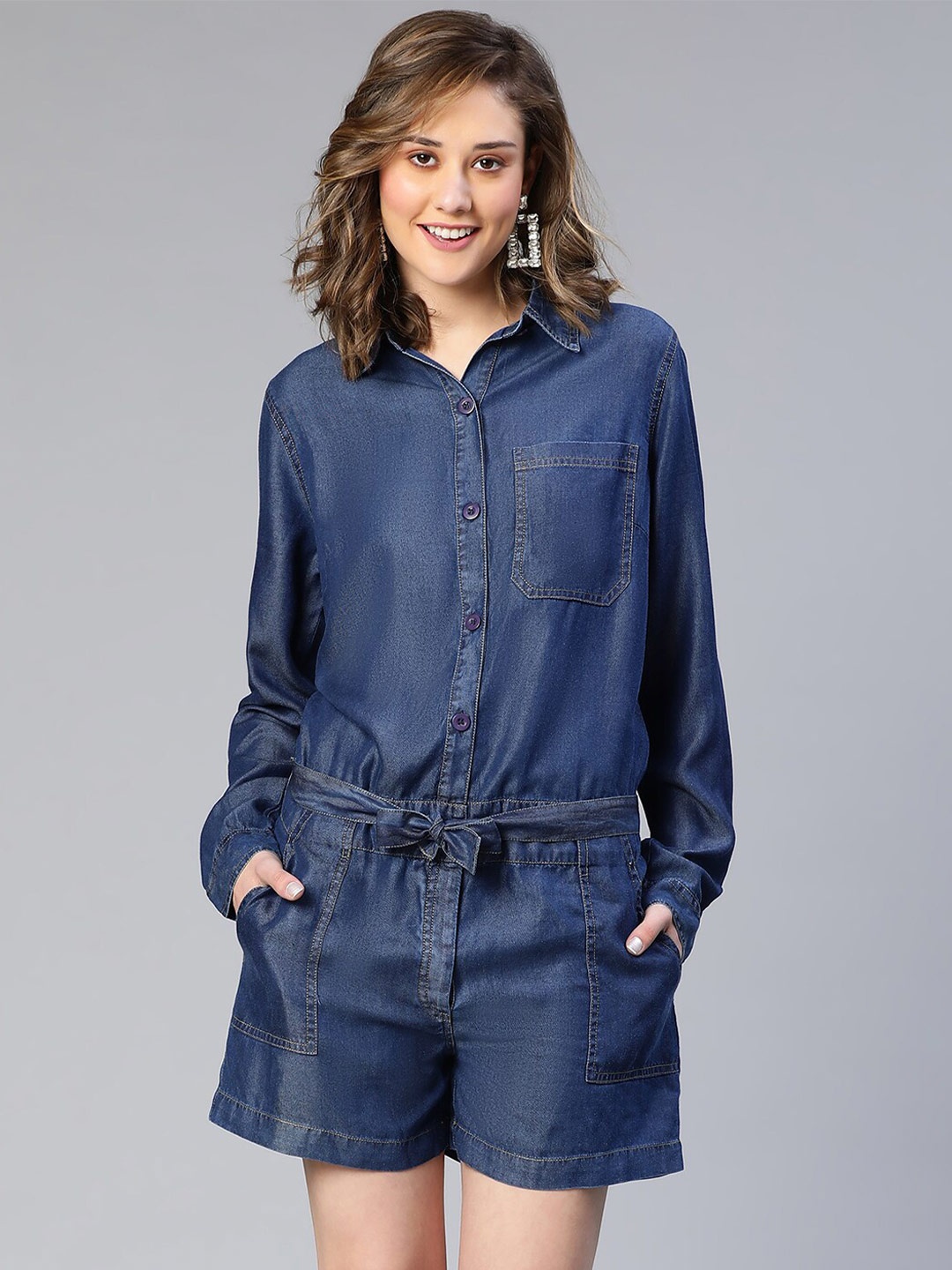 

Oxolloxo Solid Cotton Shirt Collar Denim Elasticated Playsuit with Belt, Navy blue