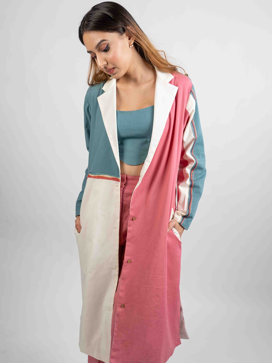 

POPPI Colourblocked Linen Regular Fit Longline Trench Coat, Peach