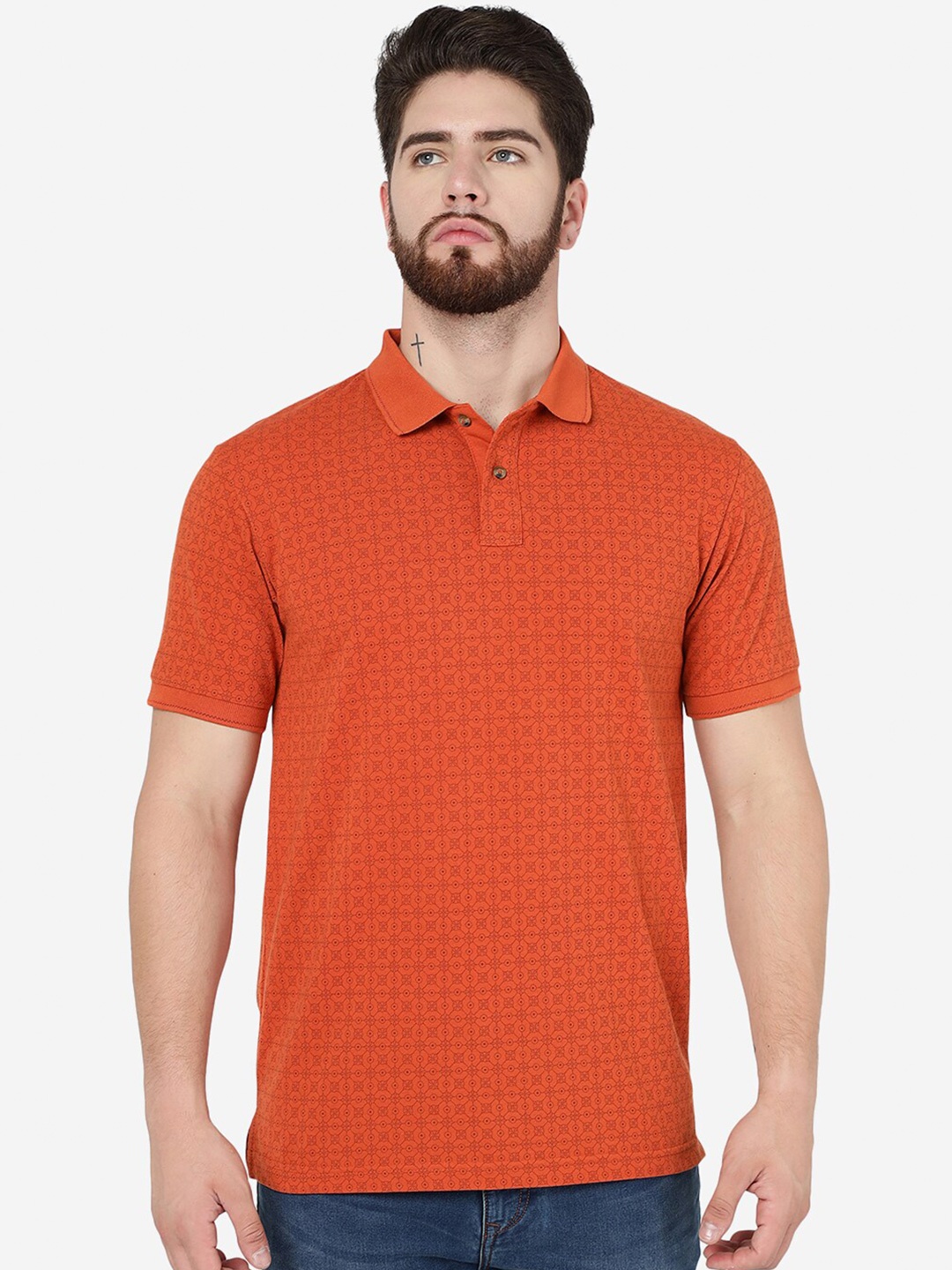 

Greenfibre Geometric Printed Polo Collar Cotton Slim Fit T-shirt, Orange