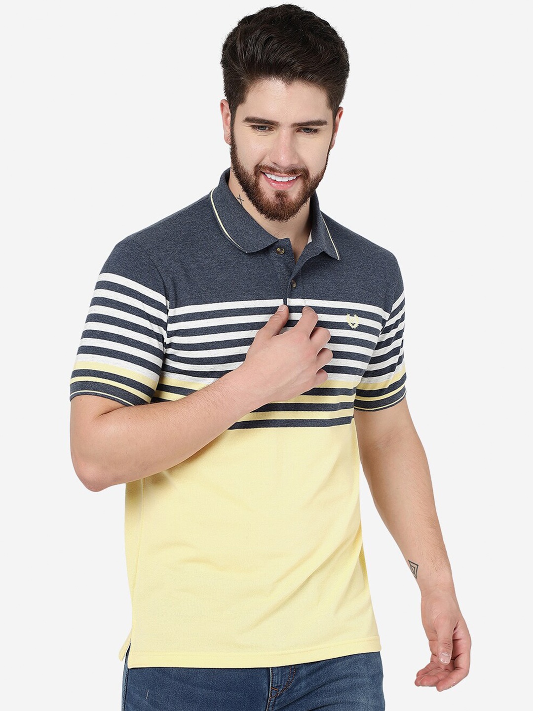 

Greenfibre Striped Polo Collar Slim Fit Cotton T-shirt, Yellow
