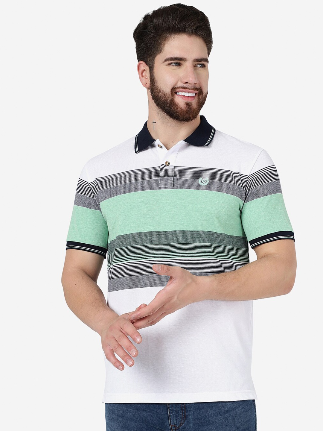 

Greenfibre Striped Polo Collar Cotton Slim Fit T-shirt, White