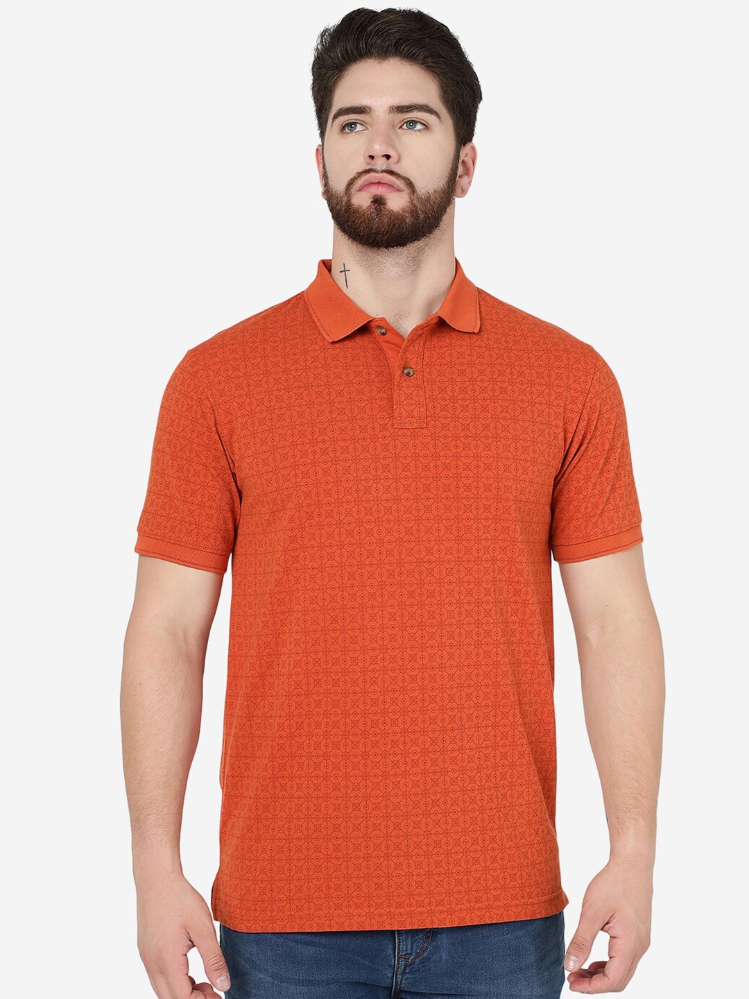 

Greenfibre Geometric Printed Polo Collar Cotton Slim Fit T-shirt, Orange