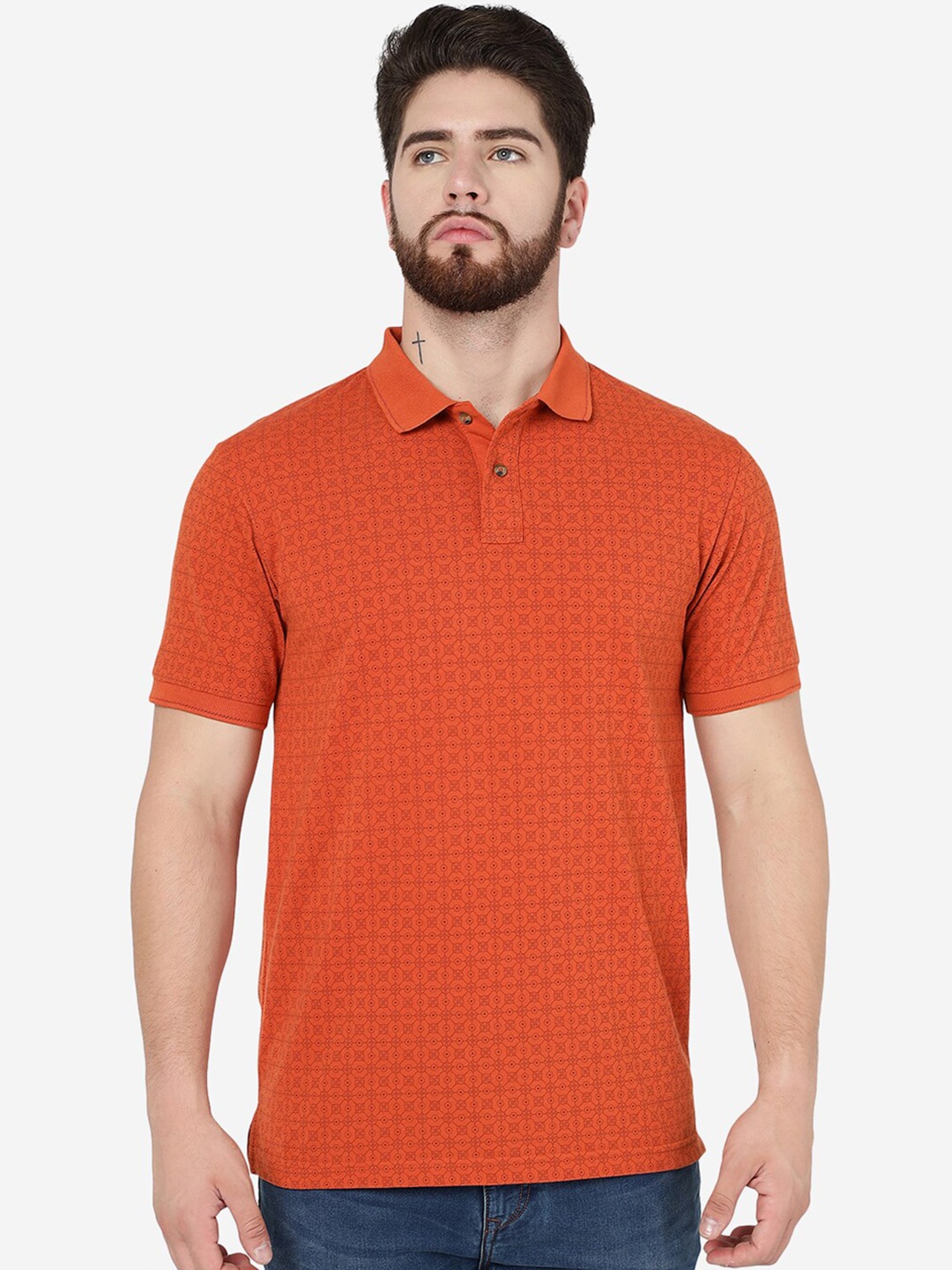 

Greenfibre Geometric Printed Polo Collar Cotton Slim Fit T-shirt, Orange