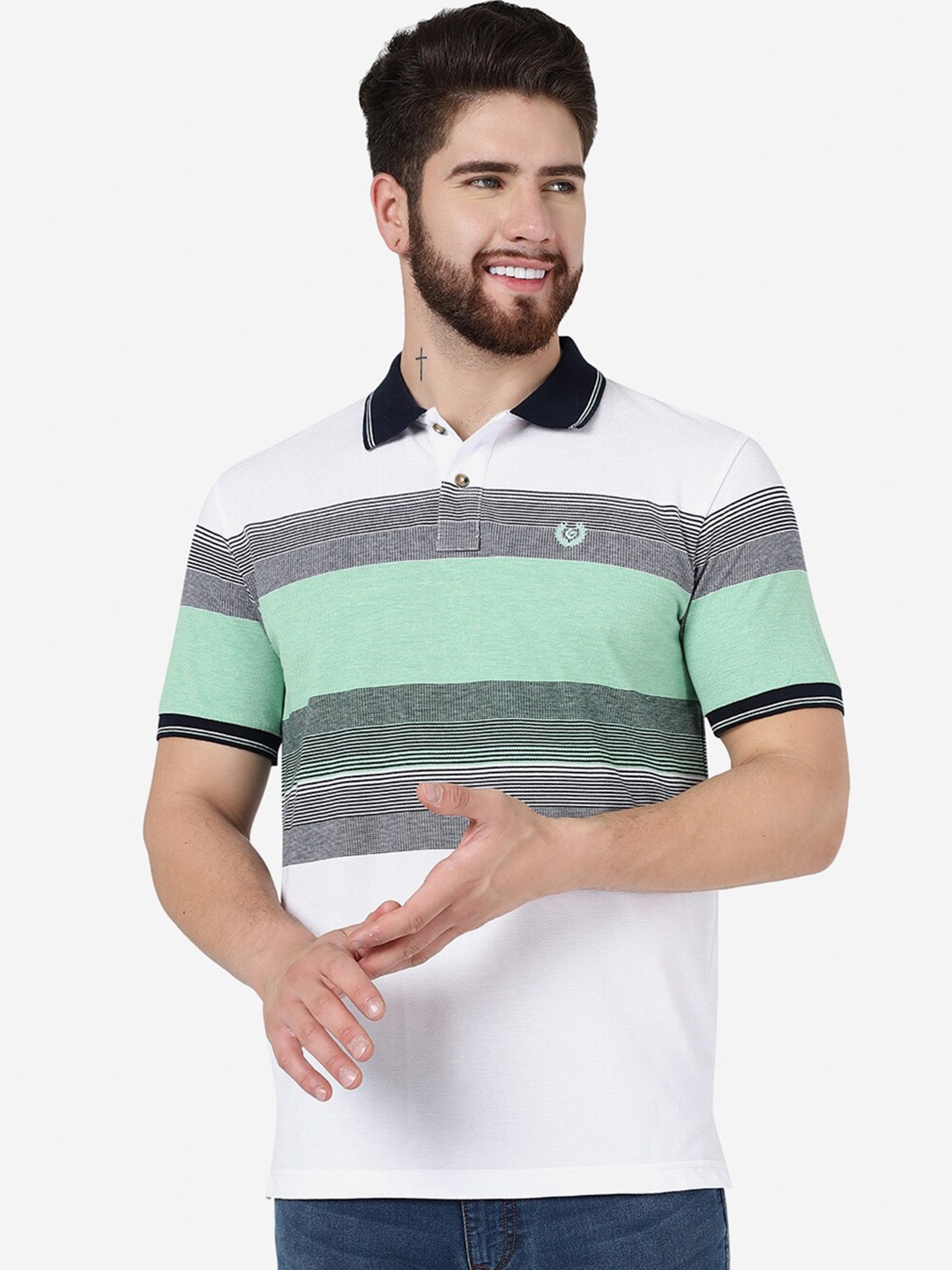 

Greenfibre Striped Polo Collar Cotton Slim Fit T-shirt, White