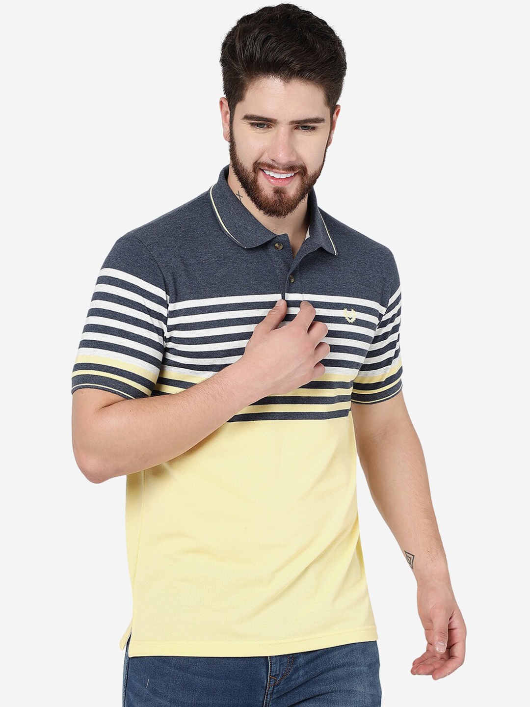 

Greenfibre Striped Polo Collar Slim Fit Cotton T-shirt, Yellow