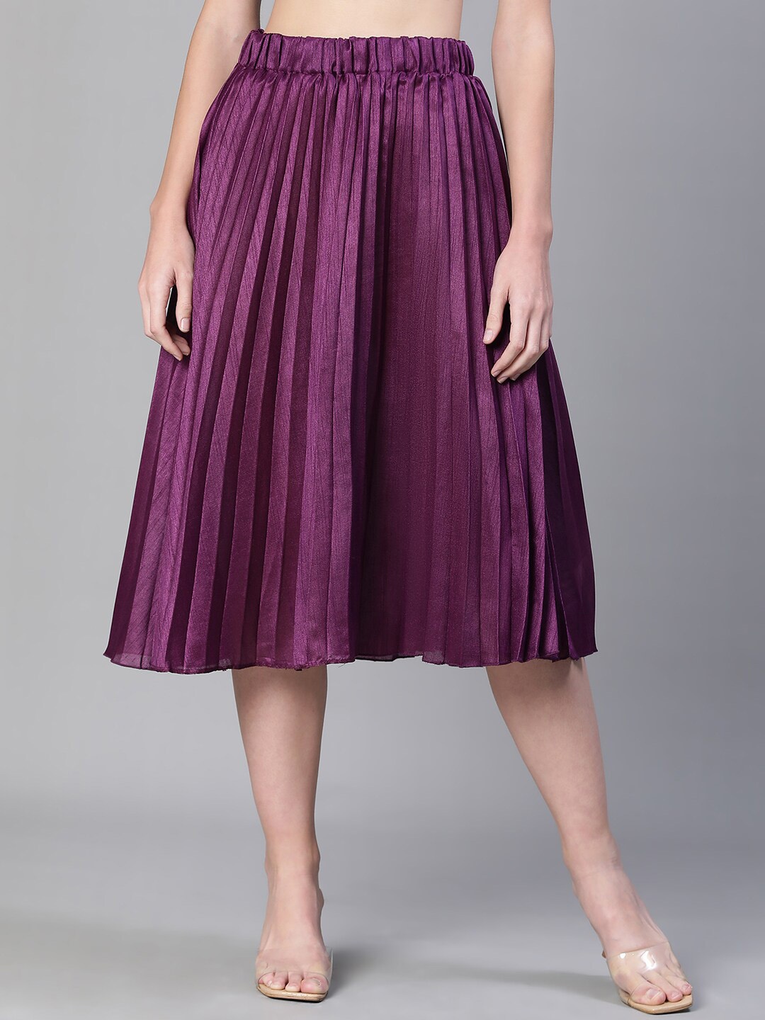 

Oxolloxo Dupion Silk Accordian Pleated Flared Knee Length Skirt, Purple