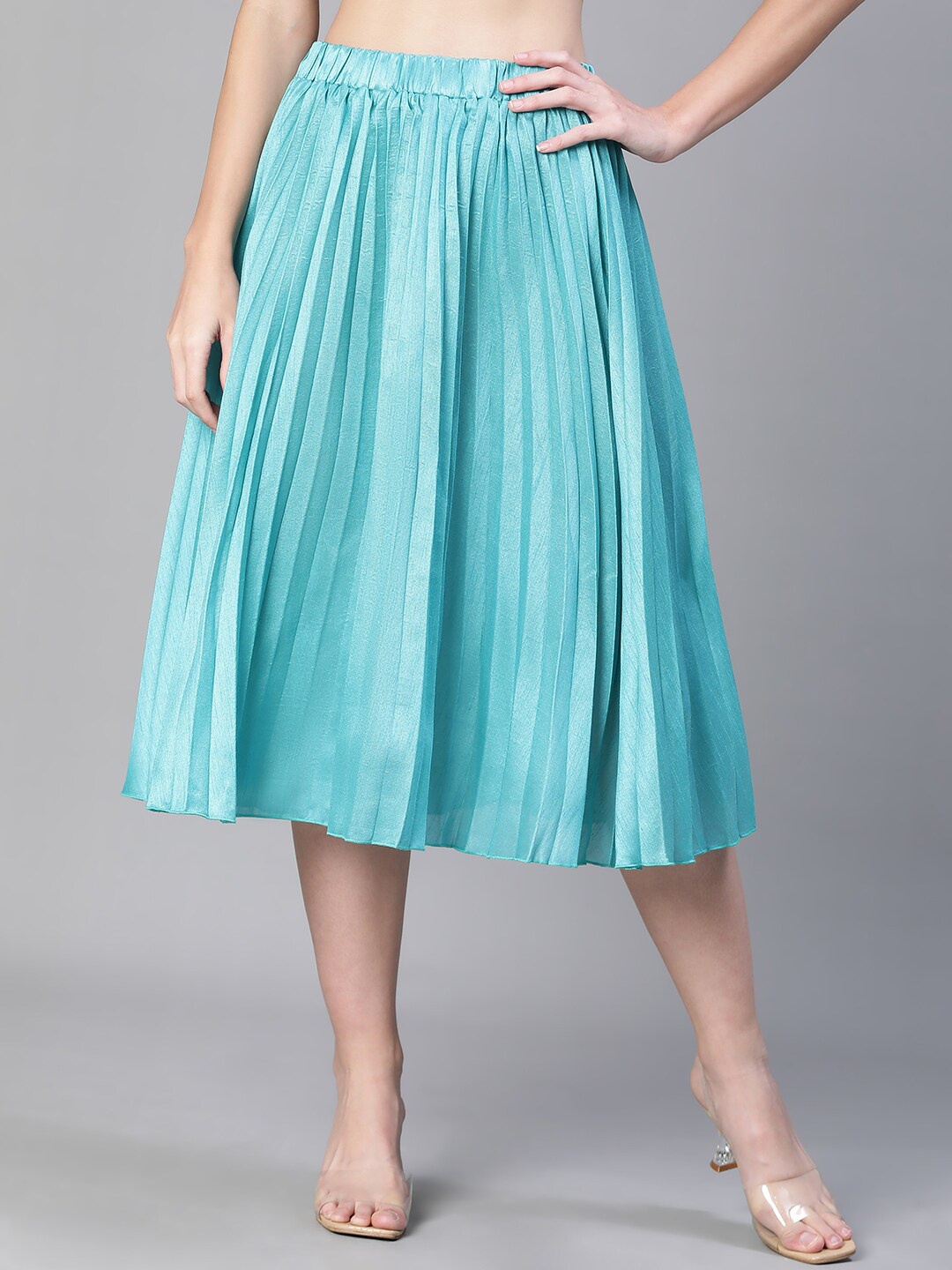 

Oxolloxo Accordion Pleated Knee-Length Flared Skirts, Turquoise blue