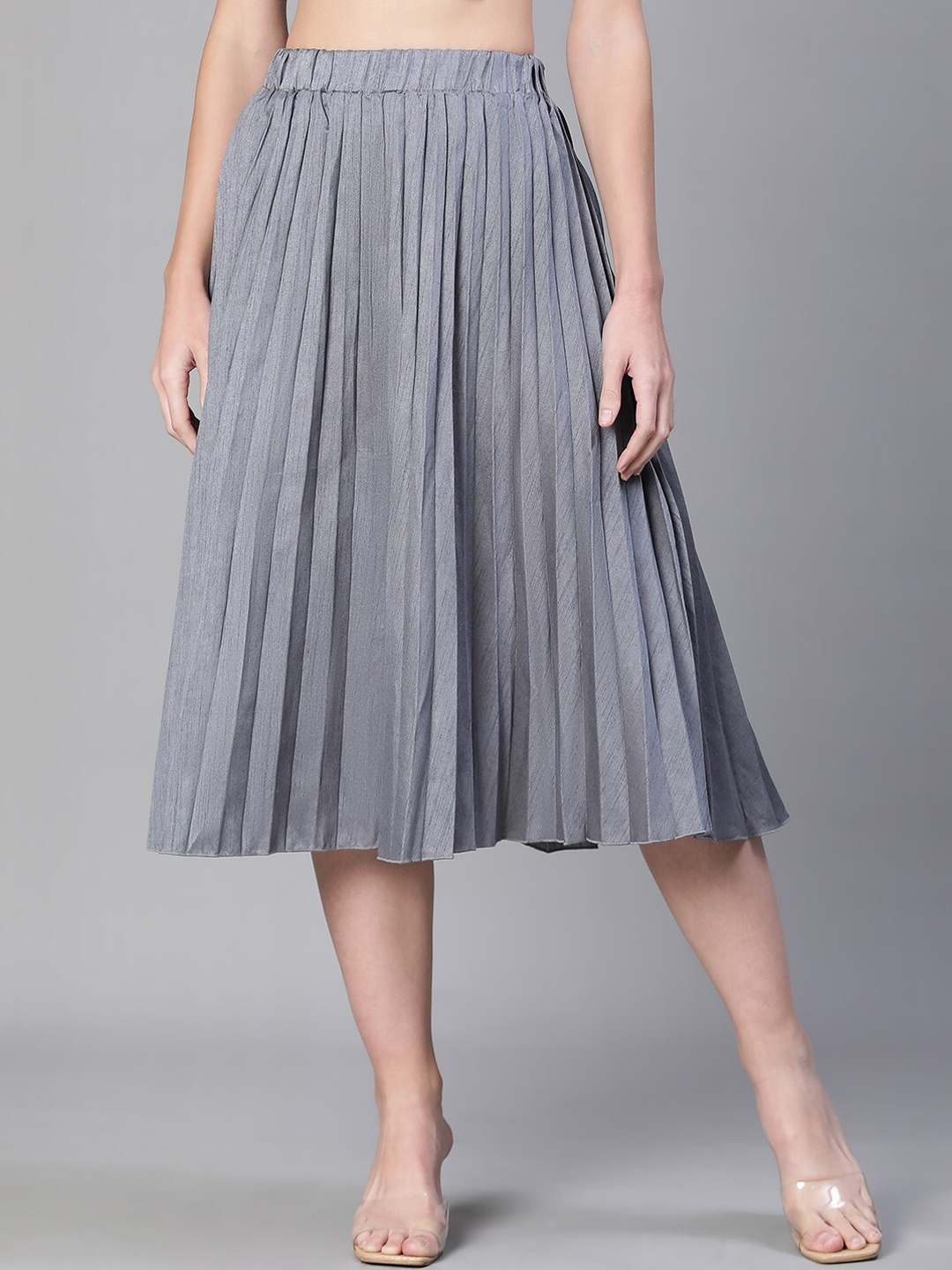 

Oxolloxo Jacquard Accordion Pleated Knee-Length Flared Skirt with Elasticated Waist, Grey