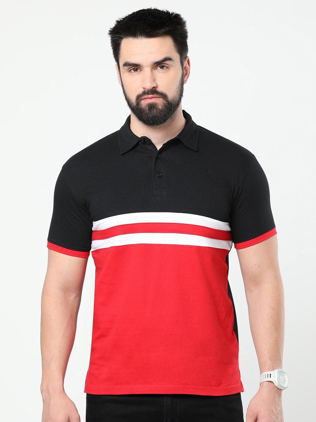 Fleximaa Colourblocked Polo Collar Cotton T-shirt, Black