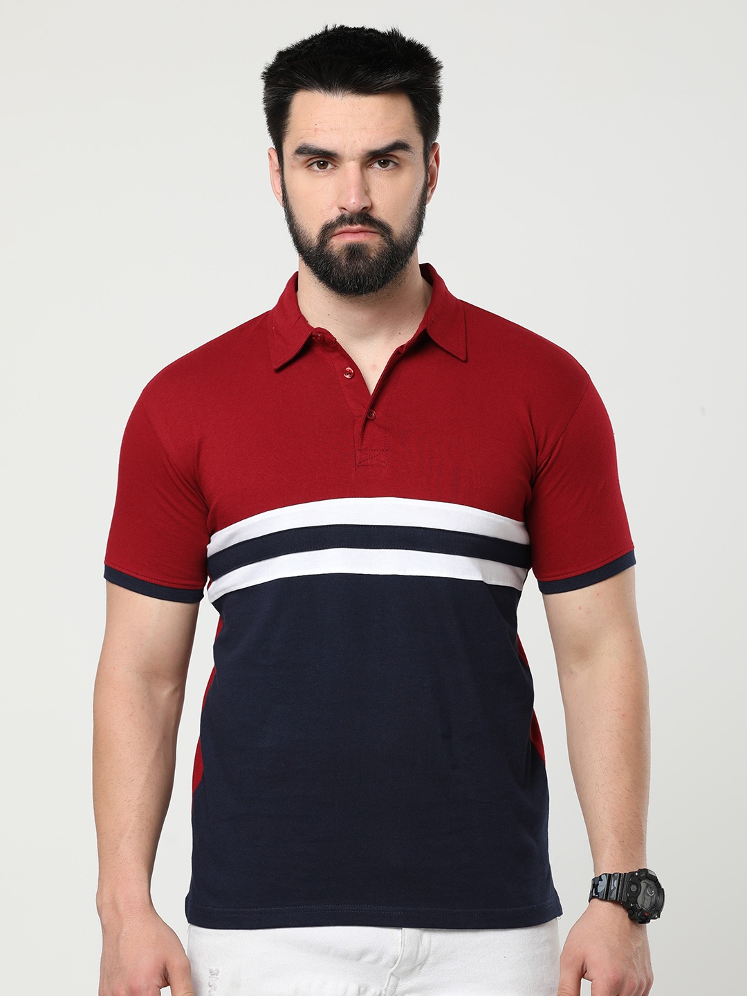 

Fleximaa Colourblocked Polo Collar Cotton T-shirt, Red