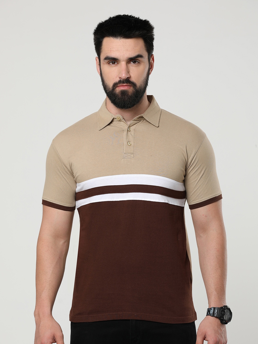 

Fleximaa Colourblocked Polo Collar Cotton T-shirt, Camel brown