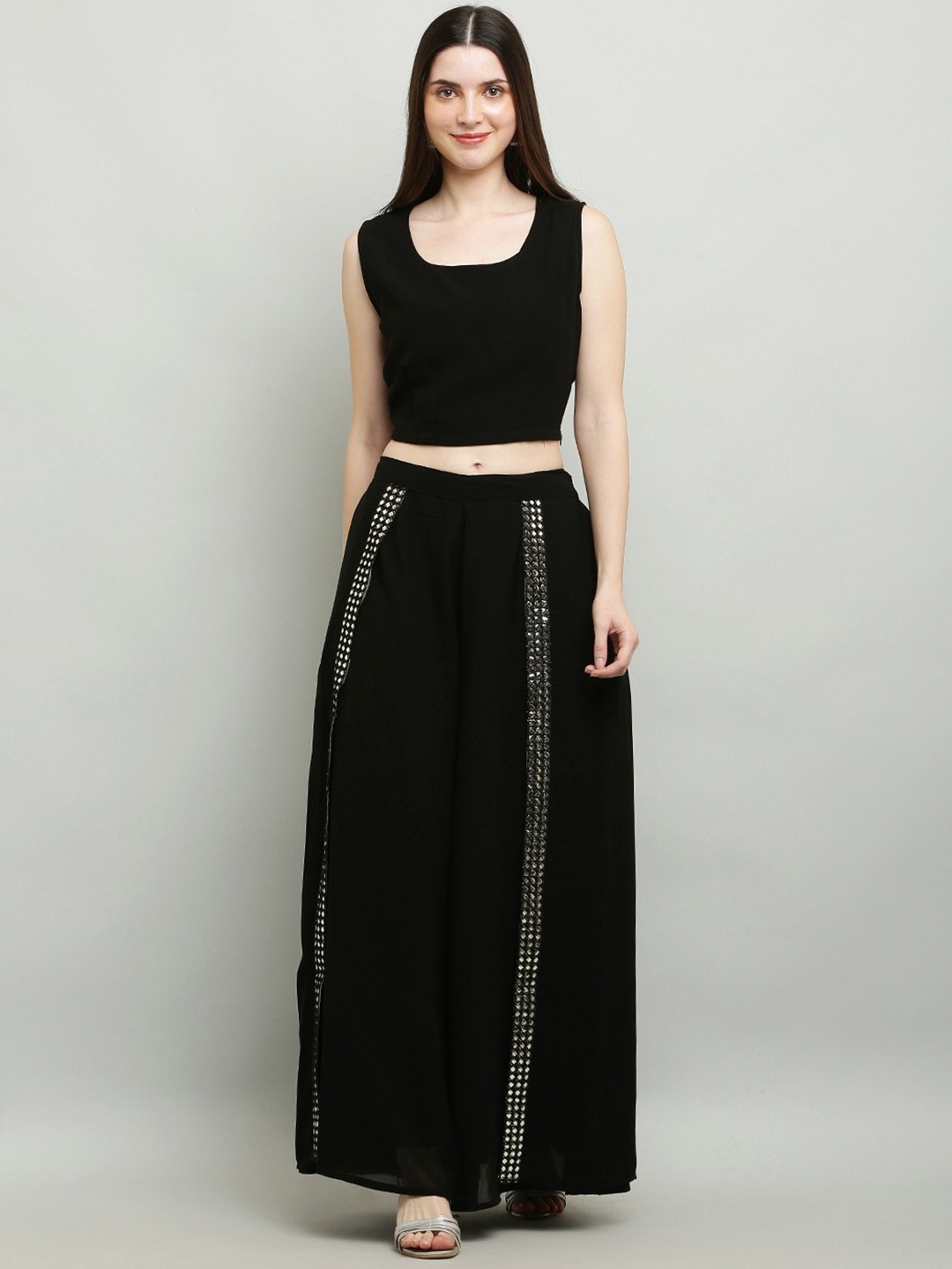 

Ashnaina Women 3 Pieces Top and Palazzo Set, Black