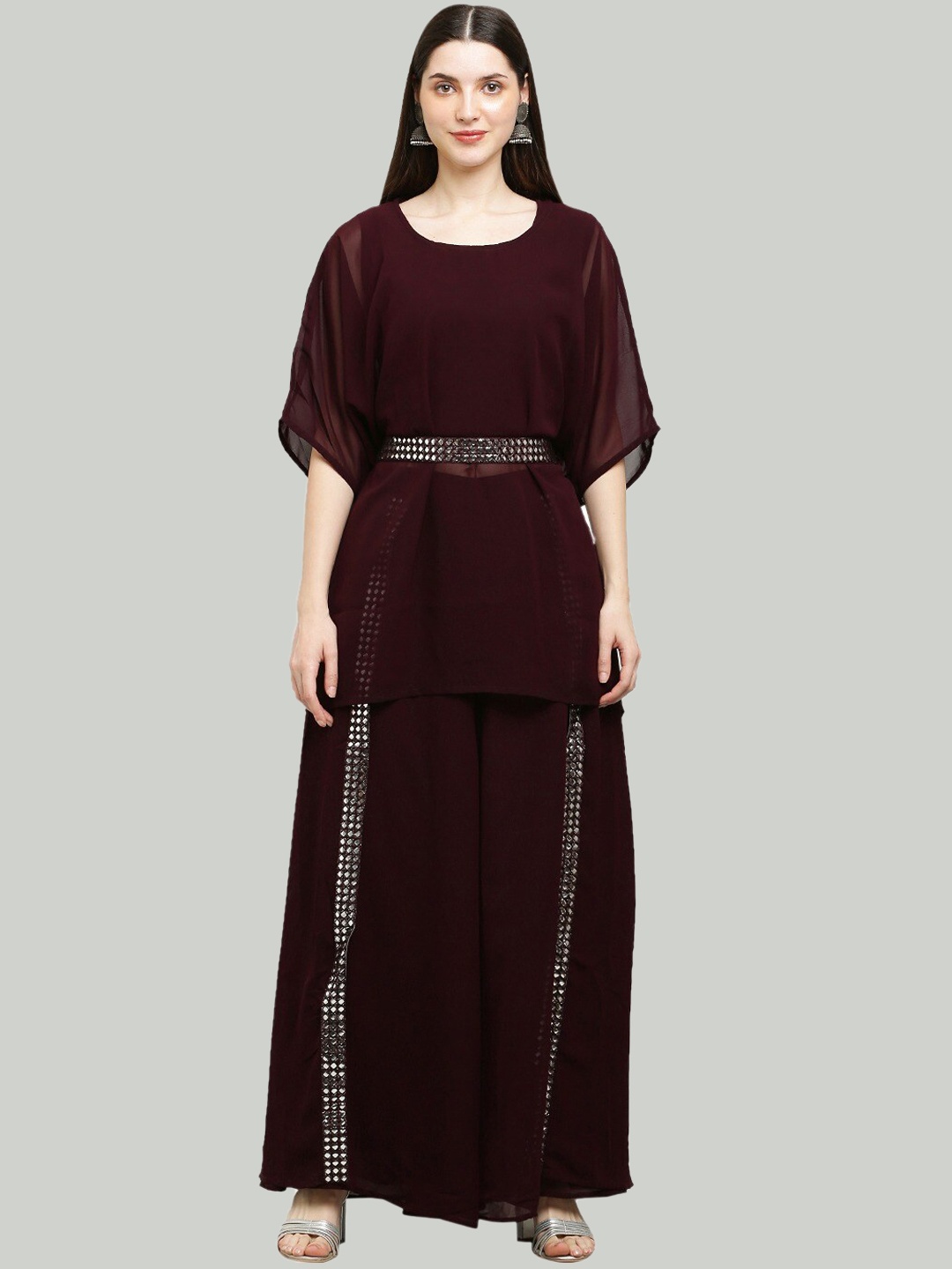 

Ashnaina Mirror Work Kurti With Palazzos & Belted Crop Top, Burgundy