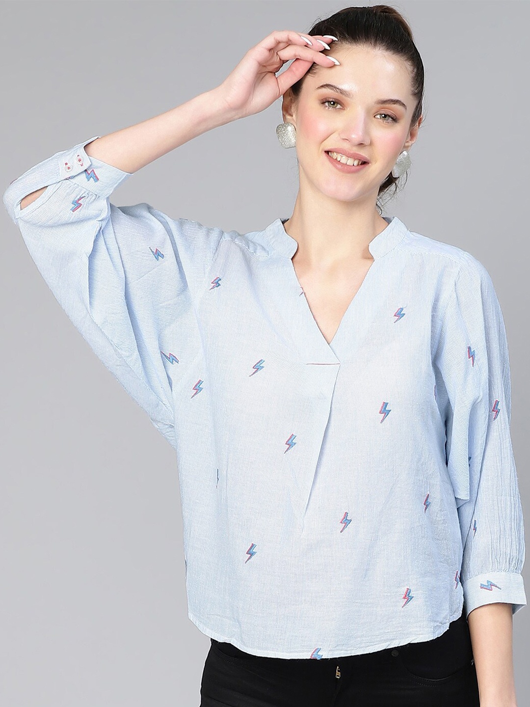 

Oxolloxo Striped Mandarin Collar Shirt Style Cotton Top With Embroidered Detail, Blue