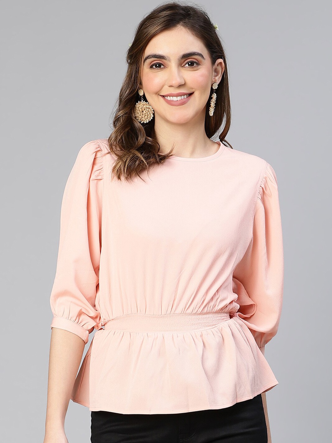 

Oxolloxo Smocked Puff Sleeves Cinched Waist Top, Peach